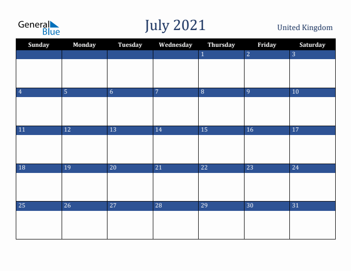 July 2021 United Kingdom Calendar (Sunday Start)