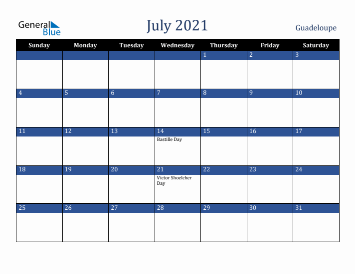 July 2021 Guadeloupe Calendar (Sunday Start)