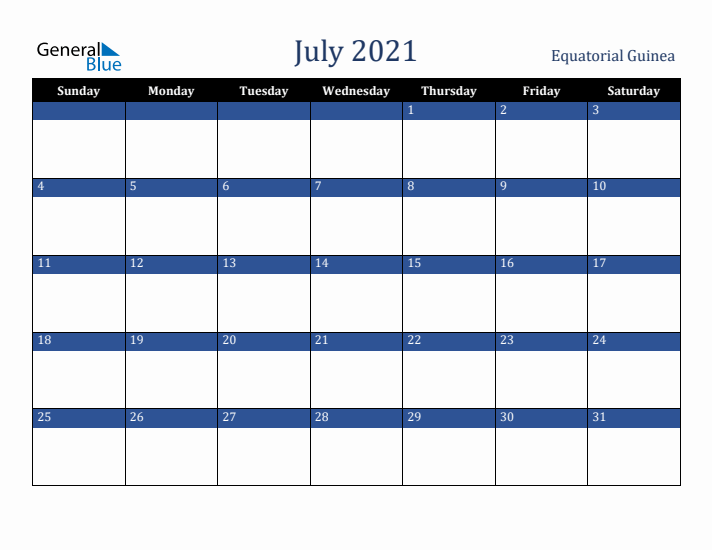 July 2021 Equatorial Guinea Calendar (Sunday Start)