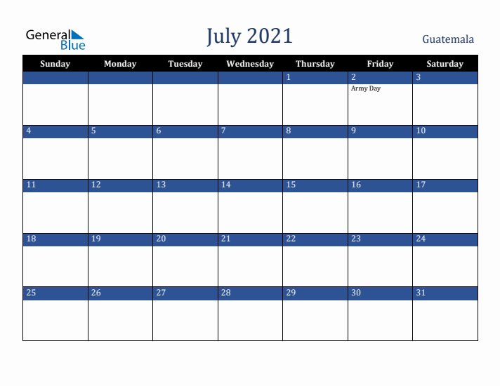 July 2021 Guatemala Calendar (Sunday Start)
