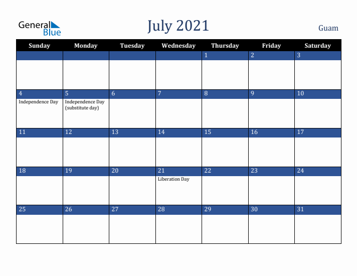 July 2021 Guam Calendar (Sunday Start)