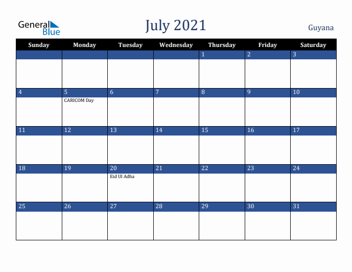 July 2021 Guyana Calendar (Sunday Start)