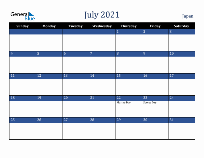 July 2021 Japan Calendar (Sunday Start)