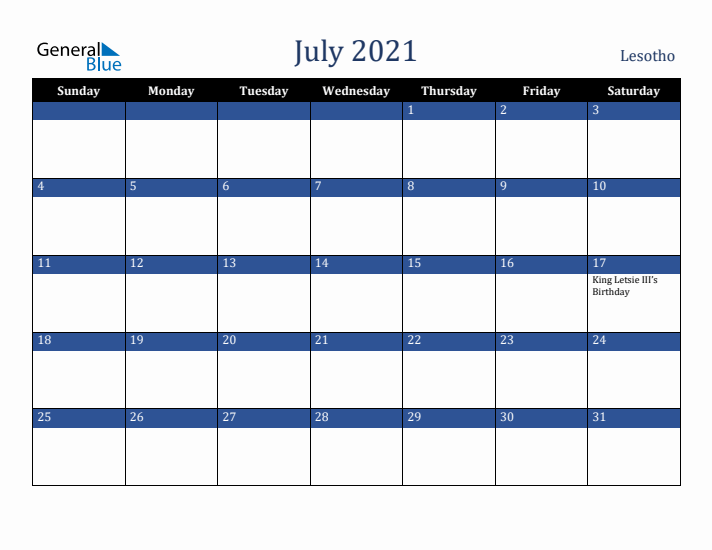 July 2021 Lesotho Calendar (Sunday Start)