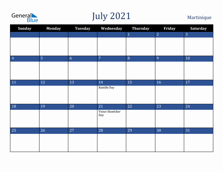July 2021 Martinique Calendar (Sunday Start)