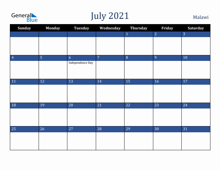 July 2021 Malawi Calendar (Sunday Start)