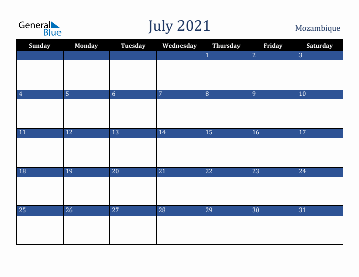 July 2021 Mozambique Calendar (Sunday Start)