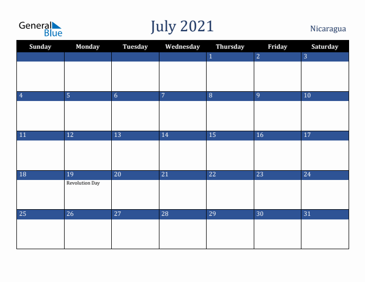 July 2021 Nicaragua Calendar (Sunday Start)