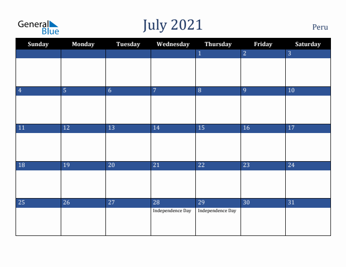 July 2021 Peru Calendar (Sunday Start)