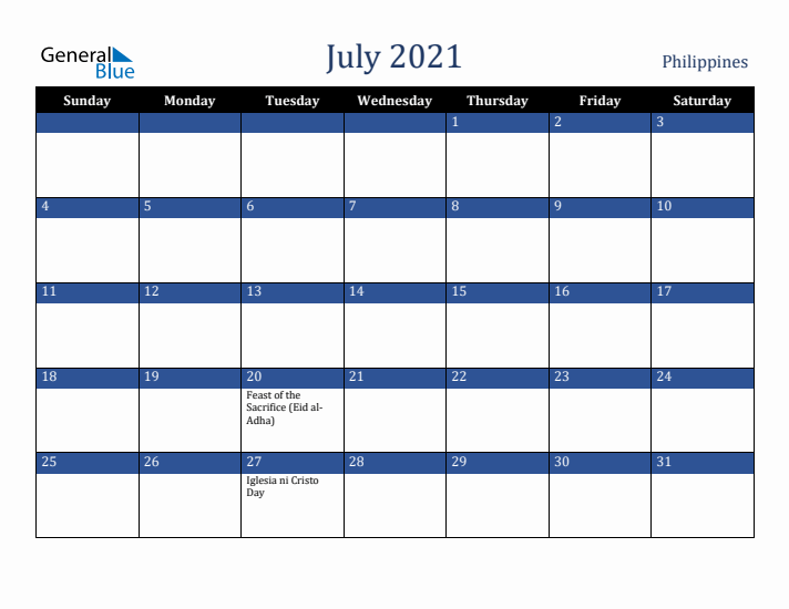 July 2021 Philippines Calendar (Sunday Start)