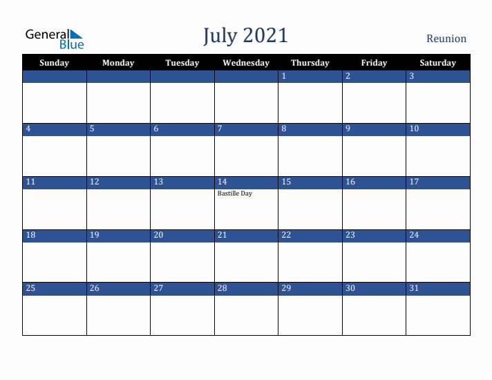 July 2021 Reunion Calendar (Sunday Start)