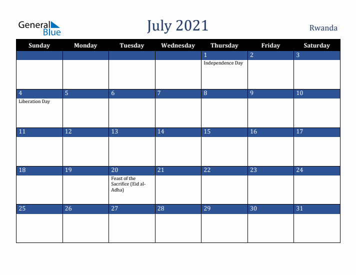 July 2021 Rwanda Calendar (Sunday Start)