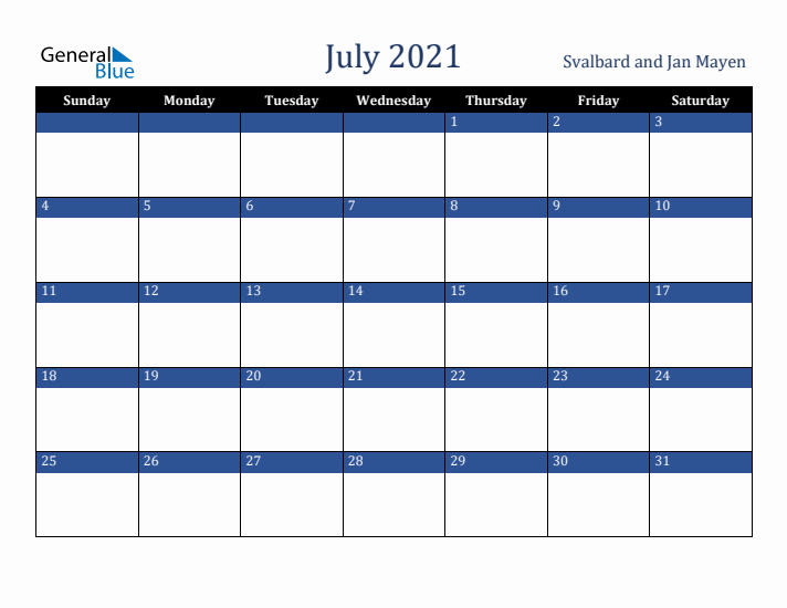 July 2021 Svalbard and Jan Mayen Calendar (Sunday Start)