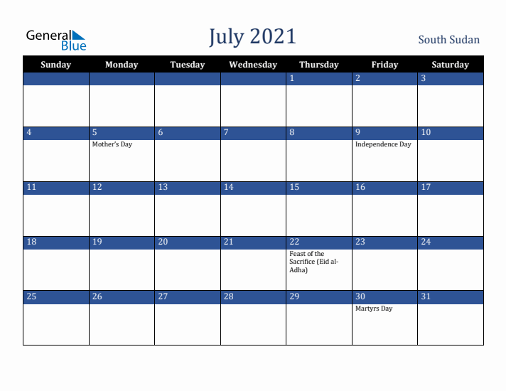 July 2021 South Sudan Calendar (Sunday Start)
