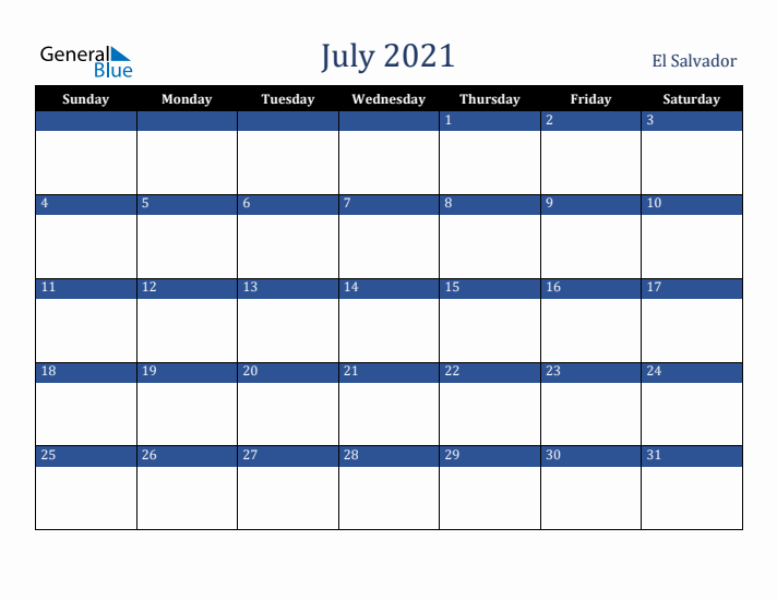 July 2021 El Salvador Calendar (Sunday Start)