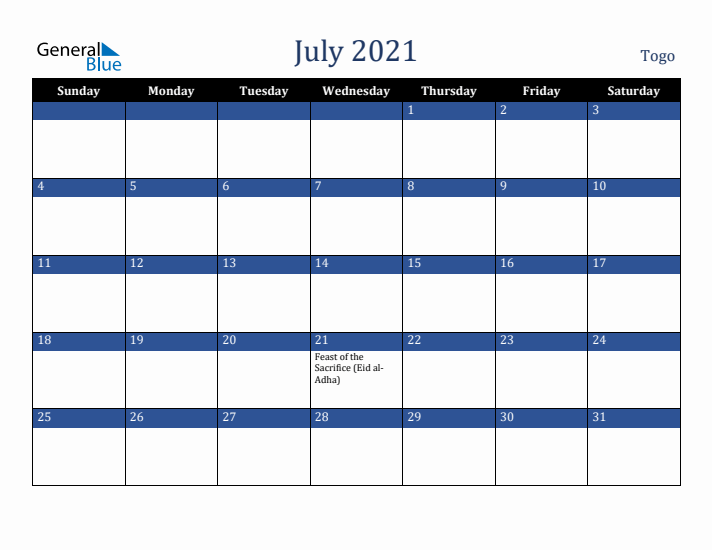 July 2021 Togo Calendar (Sunday Start)