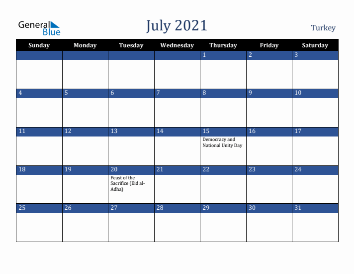 July 2021 Turkey Calendar (Sunday Start)
