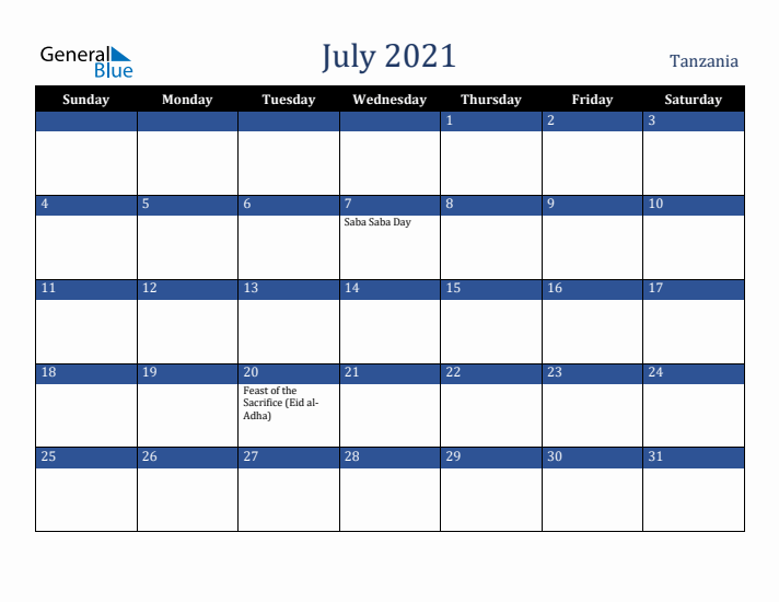 July 2021 Tanzania Calendar (Sunday Start)