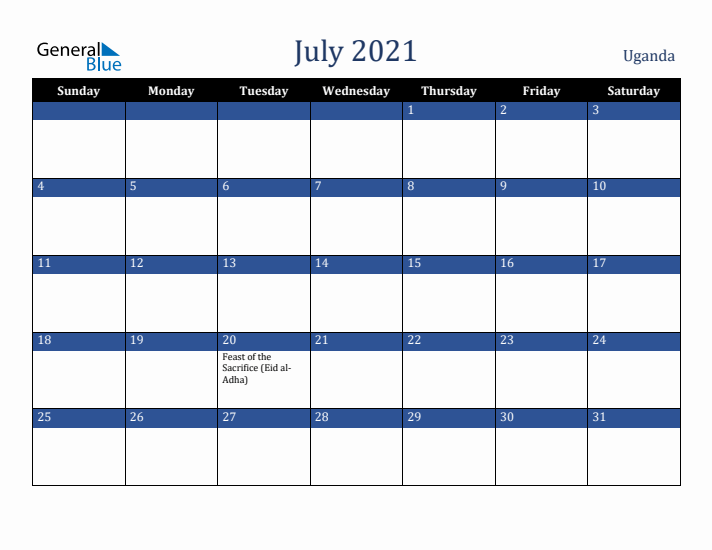 July 2021 Uganda Calendar (Sunday Start)