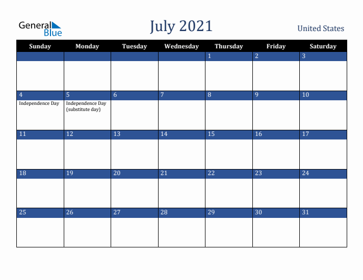 July 2021 United States Calendar (Sunday Start)