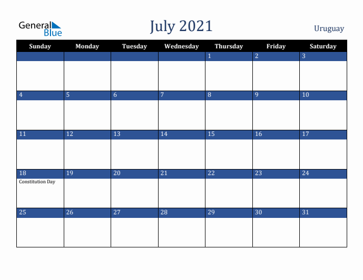 July 2021 Uruguay Calendar (Sunday Start)