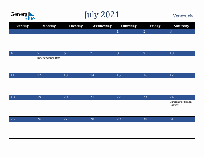 July 2021 Venezuela Calendar (Sunday Start)