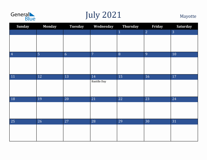 July 2021 Mayotte Calendar (Sunday Start)