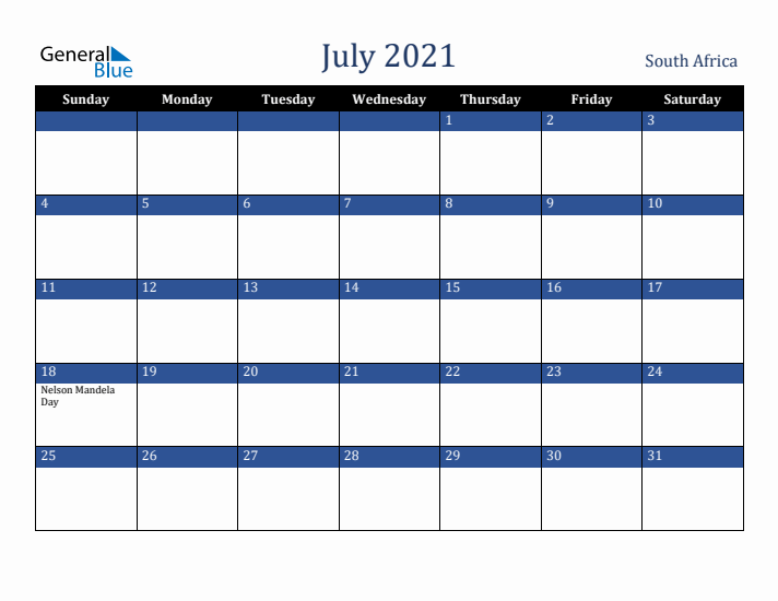 July 2021 South Africa Calendar (Sunday Start)