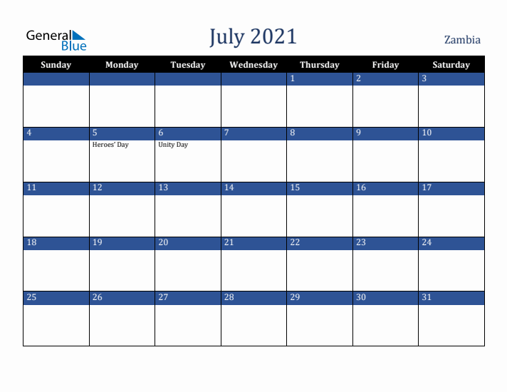 July 2021 Zambia Calendar (Sunday Start)