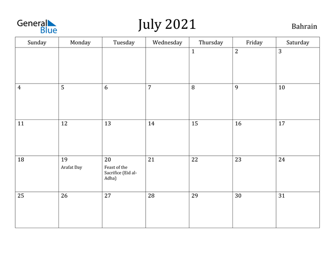 bahrain july 2021 calendar with holidays