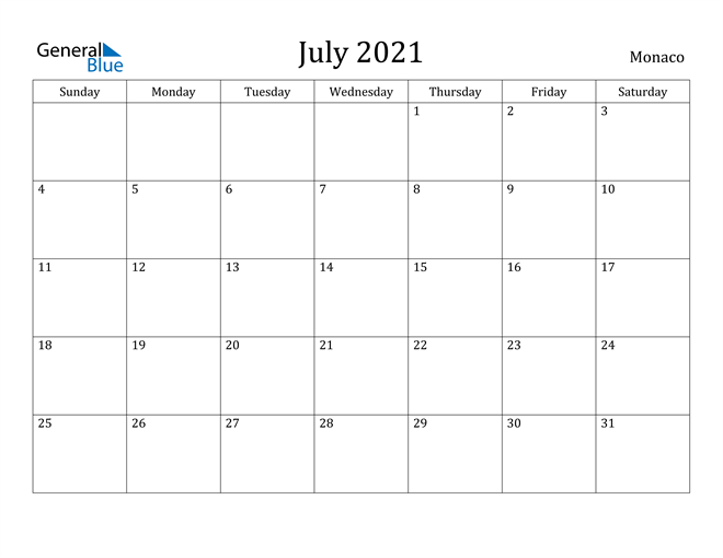 July 2021 Calendar Monaco