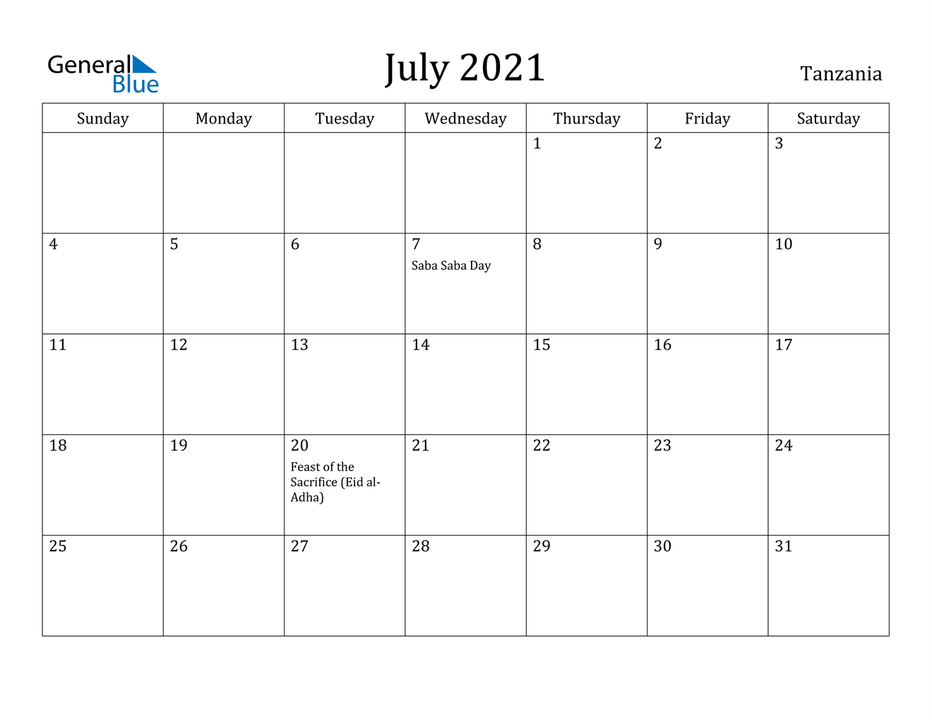 july 2021 calendar tanzania