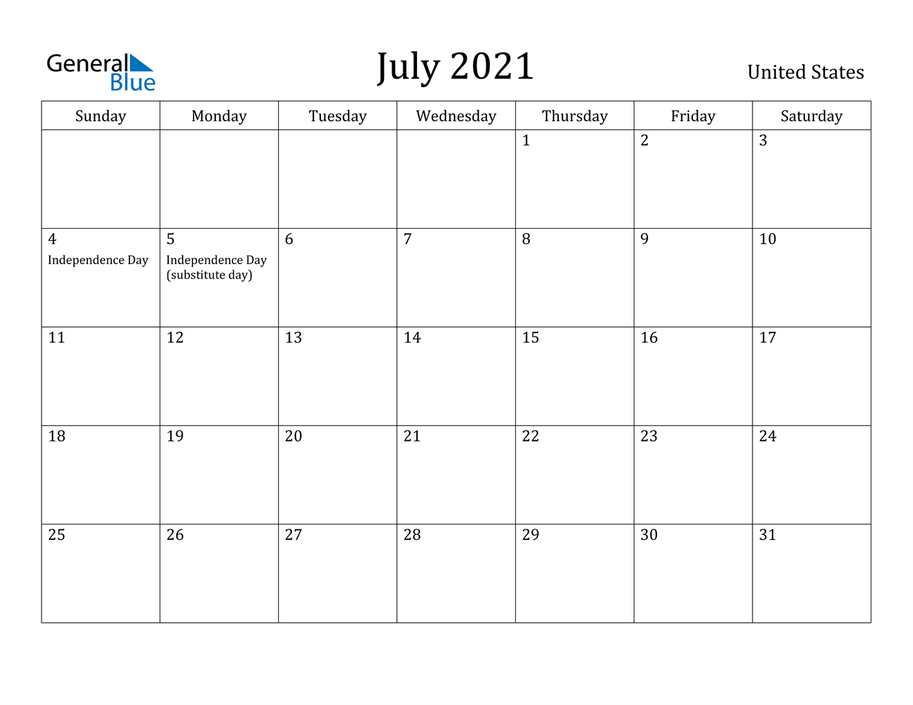 July 2021 Calendar United States
