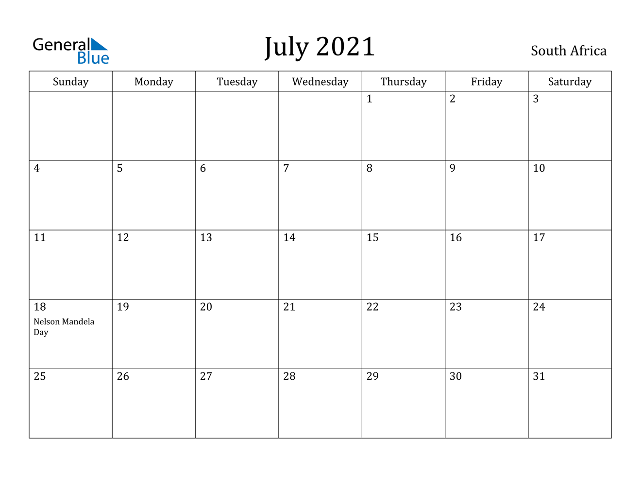 July 2021 Calendar - South Africa