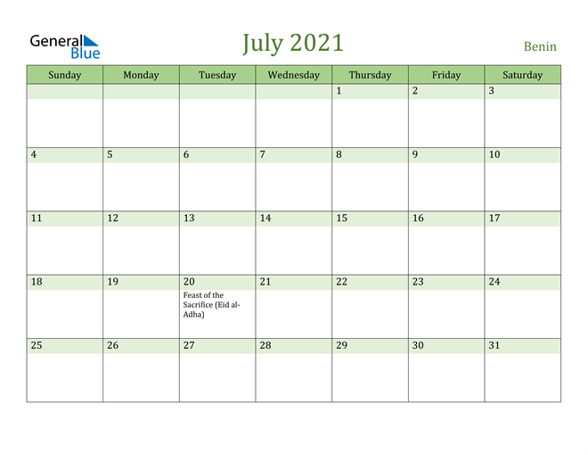 July 2021 Calendar with Benin Holidays