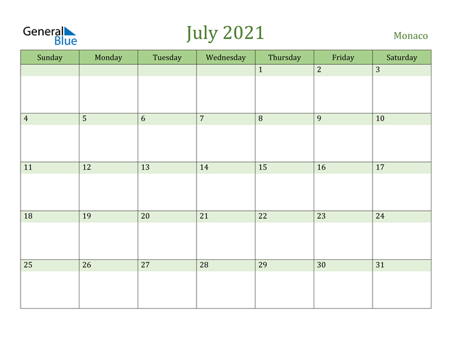 July 2021 Calendar with Monaco Holidays
