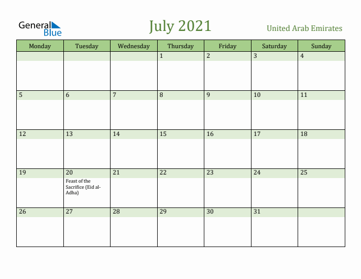 July 2021 Calendar with United Arab Emirates Holidays