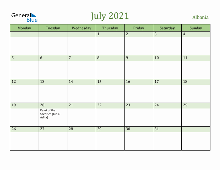 July 2021 Calendar with Albania Holidays