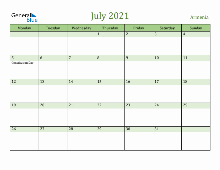 July 2021 Calendar with Armenia Holidays