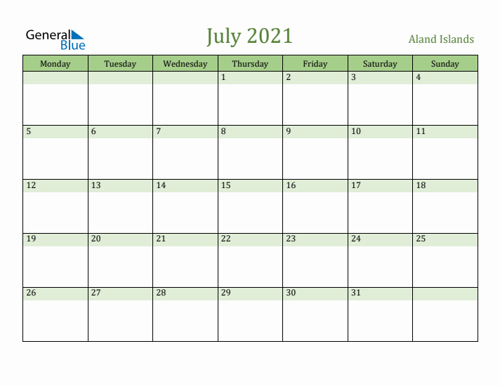 July 2021 Calendar with Aland Islands Holidays
