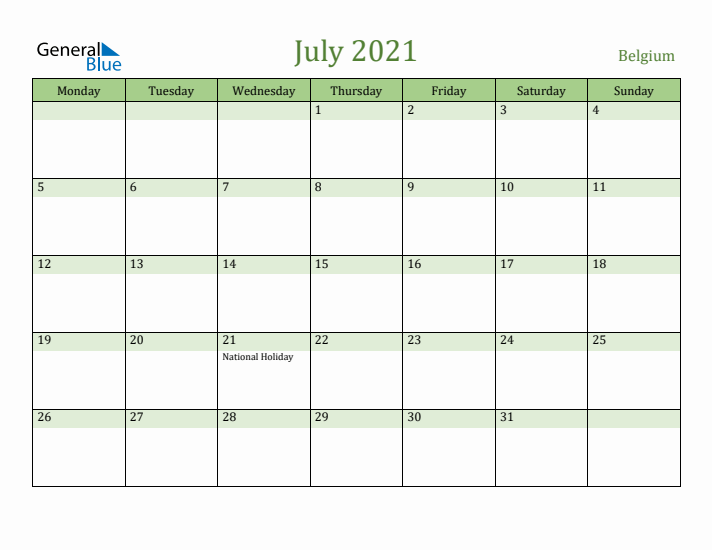 July 2021 Calendar with Belgium Holidays