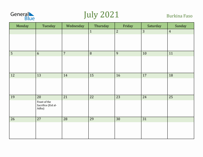 July 2021 Calendar with Burkina Faso Holidays