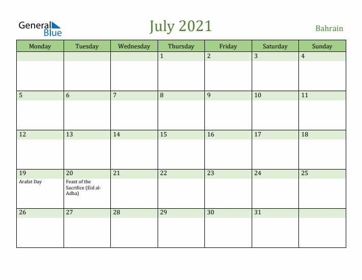 July 2021 Calendar with Bahrain Holidays