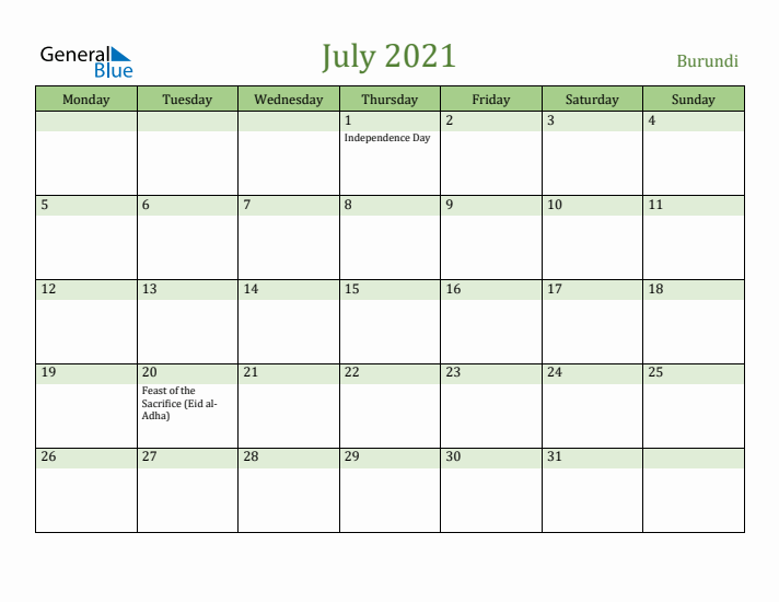 July 2021 Calendar with Burundi Holidays