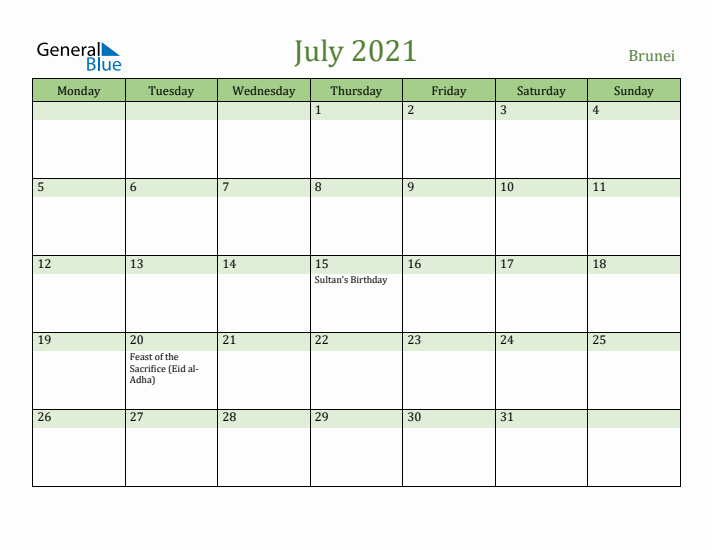 July 2021 Calendar with Brunei Holidays