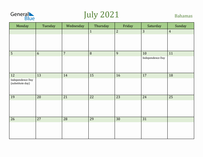 July 2021 Calendar with Bahamas Holidays