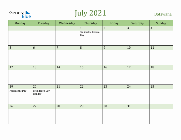 July 2021 Calendar with Botswana Holidays