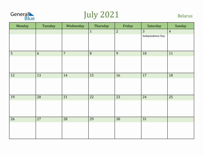 July 2021 Calendar with Belarus Holidays