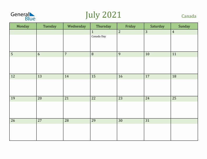 July 2021 Calendar with Canada Holidays