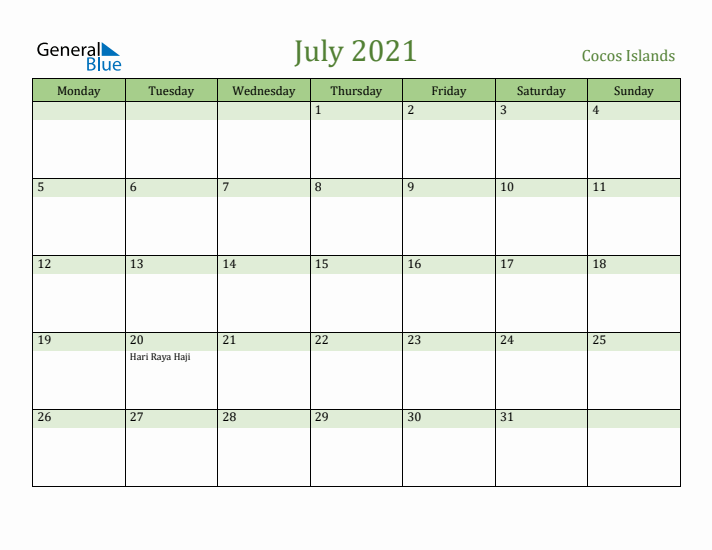 July 2021 Calendar with Cocos Islands Holidays